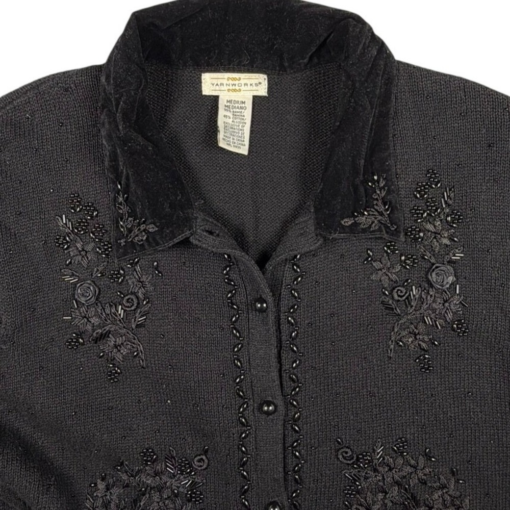 Yarnworks Whimsigoth Cardigan Sweater Womens M Black Beaded Floral Velvet Collar